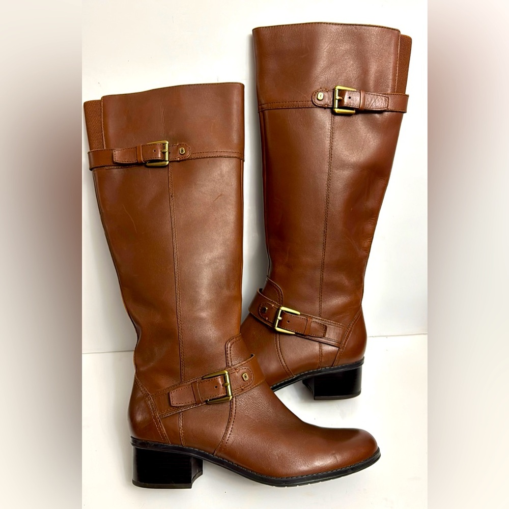 BANDOLINO WOMENS Sz 7 NARROW RIDING FULL ZIP UP KNEE HIGH LEATHER BOOTS BROWN